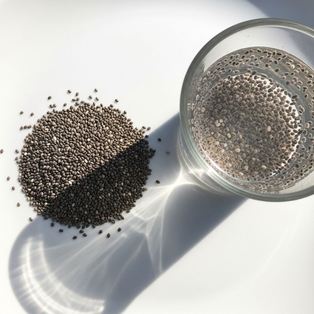 Overhead view of raw chia seeds spread on a clean white ceramic plate, with a small glass of water showing chia gel formation beside it, minimal background