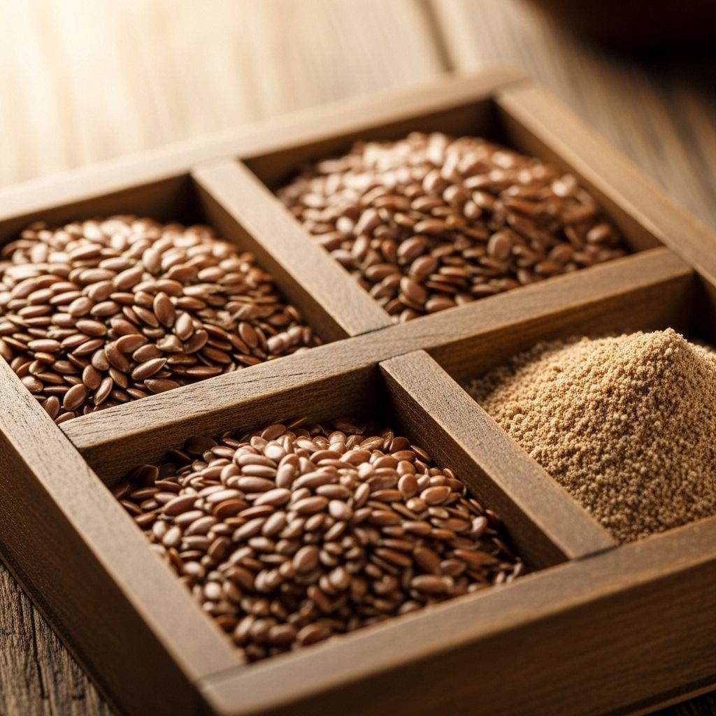 Close-up of whole and ground flaxseeds arranged in separate sections of a wooden compartment tray, warm natural light, rustic background