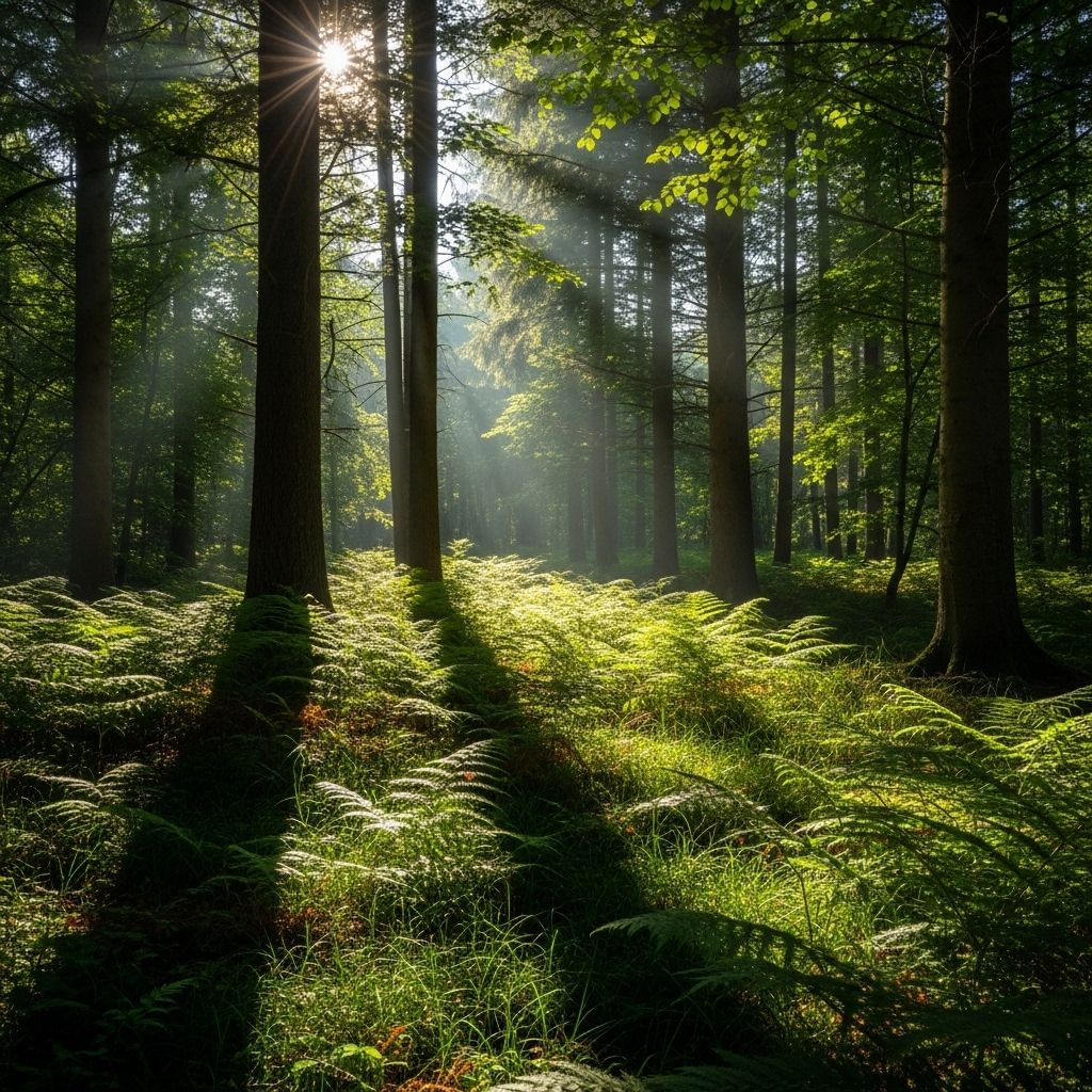 Sunlit forest clearing with lush green ferns and dappled morning light filtering through tall trees, evoking natural calm and vitality